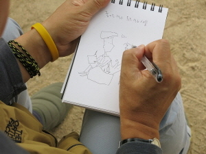 取材団たちの荷物を、次々と悪戯する鹿と、それをスケッチするホ画伯